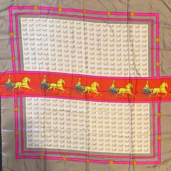 Celine Gray and Red Equestrian Silk Scarf - Picture 2 of 6